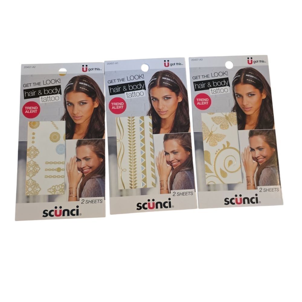 New Set Of 3 Scunci Gold Hair & Body Tattoo Set